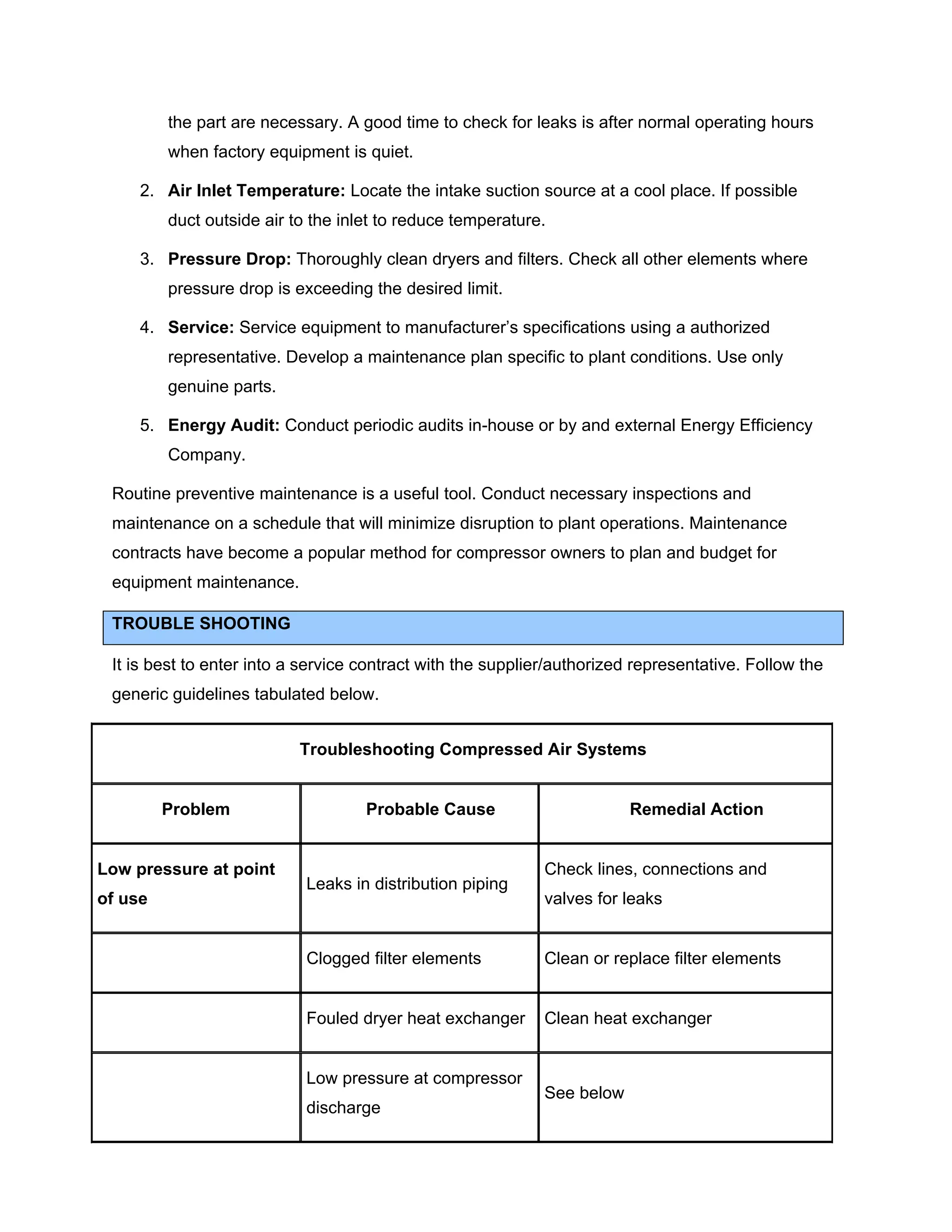the part are necessary. A good time to check for leaks is after normal operating hours
when factory equipment is quiet.
2. Air Inlet Temperature: Locate the intake suction source at a cool place. If possible
duct outside air to the inlet to reduce temperature.
3. Pressure Drop: Thoroughly clean dryers and filters. Check all other elements where
pressure drop is exceeding the desired limit.
4. Service: Service equipment to manufacturer’s specifications using a authorized
representative. Develop a maintenance plan specific to plant conditions. Use only
genuine parts.
5. Energy Audit: Conduct periodic audits in-house or by and external Energy Efficiency
Company.
Routine preventive maintenance is a useful tool. Conduct necessary inspections and
maintenance on a schedule that will minimize disruption to plant operations. Maintenance
contracts have become a popular method for compressor owners to plan and budget for
equipment maintenance.
TROUBLE SHOOTING
It is best to enter into a service contract with the supplier/authorized representative. Follow the
generic guidelines tabulated below.
Troubleshooting Compressed Air Systems
Problem Probable Cause Remedial Action
Low pressure at point
of use
Leaks in distribution piping
Check lines, connections and
valves for leaks
Clogged filter elements Clean or replace filter elements
Fouled dryer heat exchanger Clean heat exchanger
Low pressure at compressor
discharge
See below
 