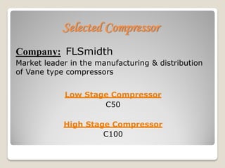 Selected Compressor
Company: FLSmidth
Market leader in the manufacturing & distribution
of Vane type compressors
Low Stage Compressor
C50
High Stage Compressor
C100
 