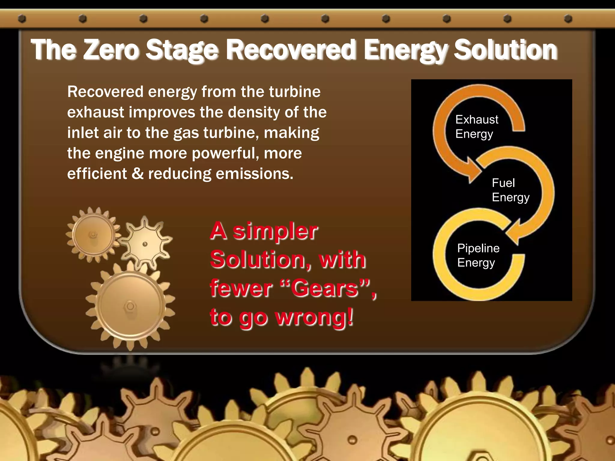 The Zero Stage Recovered Energy SolutionRecovered energy from the turbine exhaust improves the density of the inlet air to the gas turbine, making the engine more powerful, more efficient & reducing emissions.Exhaust EnergyFuel EnergyA simpler Solution, with fewer “Gears”, to go wrong!Pipeline Energy