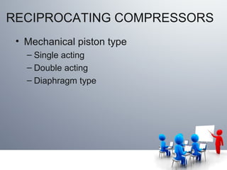 RECIPROCATING COMPRESSORS
• Mechanical piston type
– Single acting
– Double acting
– Diaphragm type
 