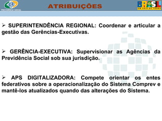 ATRIBUIÇÕES SUPERINTENDÊNCIA REGIONAL: Coordenar e articular a gestão das Gerências-Executivas. GERÊNCIA-EXECUTIVA: Supervisionar as Agências da Previdência Social sob sua jurisdição. APS DIGITALIZADORA:  Compete orientar os entes federativos sobre a operacionalização do Sistema Comprev e mantê-los atualizados quando das alterações do Sistema .   