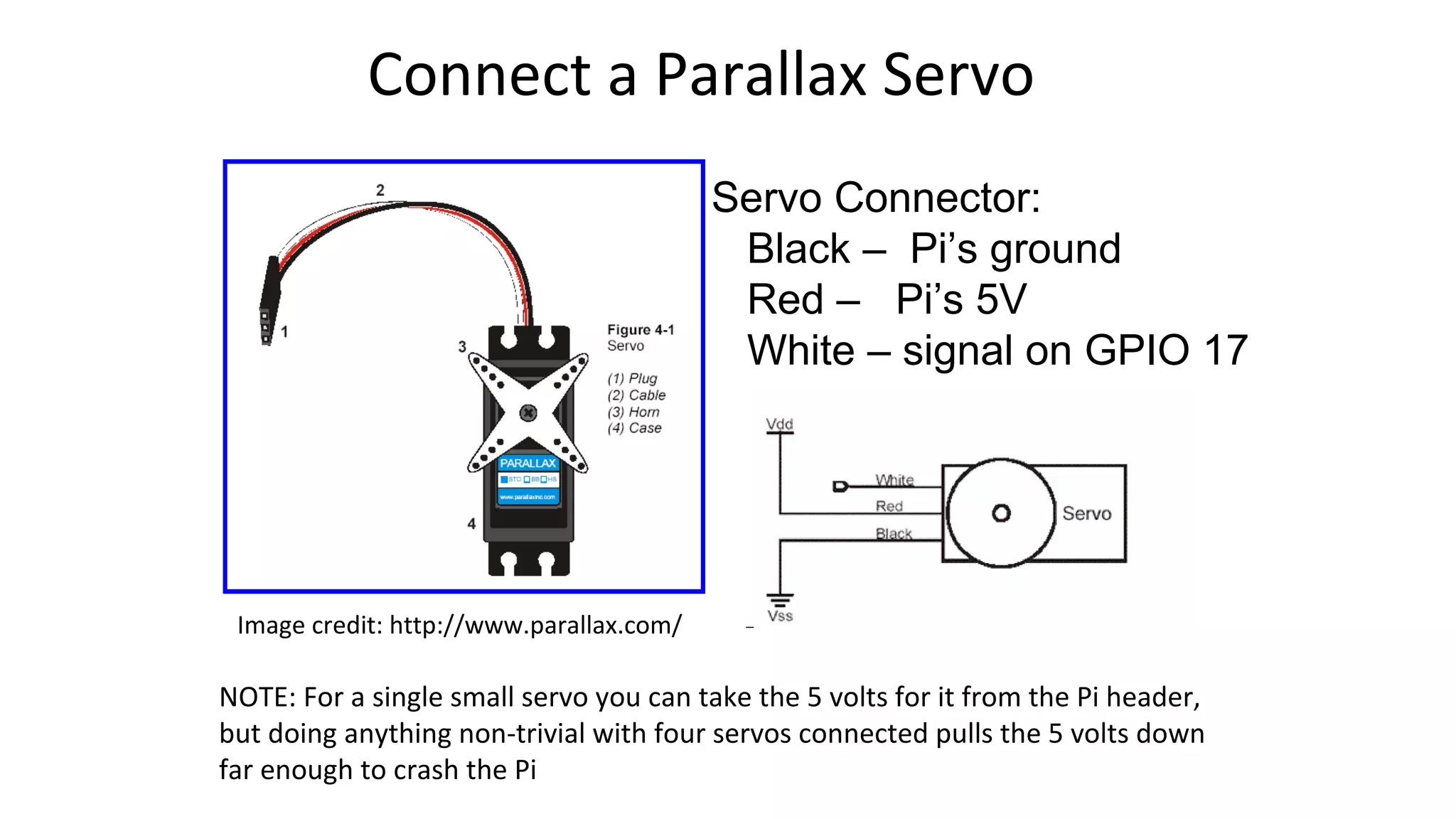 Connect a Parallax Servo
Servo Connector:
Black – Pi’s ground
Red – Pi’s 5V
White – signal on GPIO 17
Image credit: http://www.parallax.com/
NOTE: For a single small servo you can take the 5 volts for it from the Pi header,
but doing anything non-trivial with four servos connected pulls the 5 volts down
far enough to crash the Pi
 