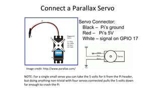 Connect a Parallax Servo
Servo Connector:
Black – Pi’s ground
Red – Pi’s 5V
White – signal on GPIO 17
Image credit: http://www.parallax.com/
NOTE: For a single small servo you can take the 5 volts for it from the Pi header,
but doing anything non-trivial with four servos connected pulls the 5 volts down
far enough to crash the Pi
 