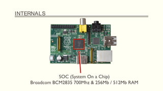 INTERNALS
SOC (System On a Chip)
Broadcom BCM2835 700Mhz & 256Mb / 512Mb RAM
 