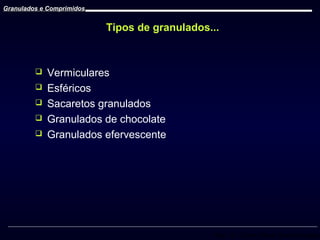 Granulados e Comprimidos

Tipos de granulados...







Vermiculares
Esféricos
Sacaretos granulados
Granulados de chocolate
Granulados efervescente

Prof. Dr. Cícero Flávio Soares Aragão

 