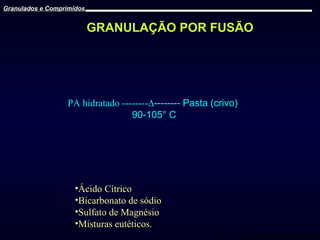 Granulados e Comprimidos

GRANULAÇÃO POR FUSÃO

PA hidratado --------∆-------- Pasta (crivo)
90-105° C

•Ácido Cítrico
•Bicarbonato de sódio
•Sulfato de Magnésio
•Misturas eutéticos.
Prof. Dr. Cícero Flávio Soares Aragão

 