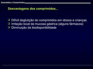 Granulados e Comprimidos

Desvantagens dos comprimidos...





Difícil deglutição do comprimidos em idosos e crianças
Irritação local da mucosa gástrica (alguns fármacos)
Diminuição da biodisponibilidade

Prof. Dr. Cícero Flávio Soares Aragão

 
