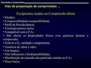 Granulados e Comprimidos

Vias de preparação de comprimidos ...

Excipientes usados na Compressão direta
• Fluidez;
• Compressibilidade/compactibilidade
• Perfil de Pressão/dureza
• Fisiologicamente inerte;
• Compatível com o P.A.;
• Não alterar as propriedades físicas e/ou químicas durante a
compressão;
• Estável a O2, umidade e temperatura;
• Ausência de sabor e odor;
• Cor branca;
• Não influenciar a biodisponibilidade;
• Distribuição do tamanho das partículas similar ao P.A.;
• Preço baixo.
Prof. Dr. Cícero Flávio Soares Aragão

 