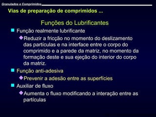 Granulados e Comprimidos

Vias de preparação de comprimidos ...

Funções do Lubrificantes
 Função realmente lubrificante
Reduzir a fricção no momento do deslizamento
das partículas e na interface entre o corpo do
comprimido e a parede da matriz, no momento da
formação deste e sua ejeção do interior do corpo
da matriz.
 Função anti-adesiva
Prevenir a adesão entre as superfícies
 Auxiliar de fluxo
Aumenta o fluxo modificando a interação entre as
partículas
Prof. Dr. Cícero Flávio Soares Aragão

 