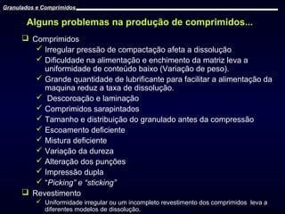 Granulados e Comprimidos

Alguns problemas na produção de comprimidos...
 Comprimidos
 Irregular pressão de compactação afeta a dissolução
 Dificuldade na alimentação e enchimento da matriz leva a
uniformidade de conteúdo baixo (Variação de peso).
 Grande quantidade de lubrificante para facilitar a alimentação da
maquina reduz a taxa de dissolução.
 Descoroação e laminação
 Comprimidos sarapintados
 Tamanho e distribuição do granulado antes da compressão
 Escoamento deficiente
 Mistura deficiente
 Variação da dureza
 Alteração dos punções
 Impressão dupla
 “Picking” e “sticking”
 Revestimento
 Uniformidade irregular ou um incompleto revestimento dos comprimidos leva a
diferentes modelos de dissolução.
Prof. Dr. Cícero Flávio Soares Aragão

 