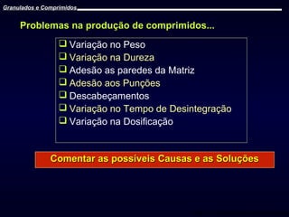 Granulados e Comprimidos

Problemas na produção de comprimidos...
 Variação no Peso
 Variação na Dureza
 Adesão as paredes da Matriz
 Adesão aos Punções
 Descabeçamentos
 Variação no Tempo de Desintegração
 Variação na Dosificação

Comentar as possíveis Causas e as Soluções

Prof. Dr. Cícero Flávio Soares Aragão

 