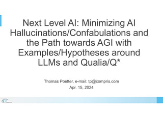 Next Level AI: Minimizing AI
Hallucinations/Confabulations and
the Path towards AGI with
Examples/Hypotheses around
LLMs and Qualia/Q*
Thomas Poetter, e-mail: tp@compris.com
Apr. 15, 2024
 