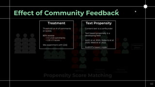 Effect of Community Feedback
Propensity Score Matching
66
Treatment Group
Control Group
All Pairs
Propensity
matching
Bala...