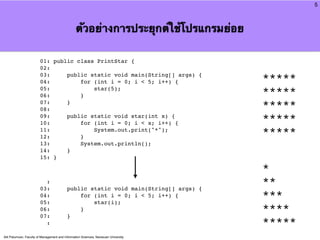 5



                                                 ตัวอย่างการประยุกต์ใช้โปรแกรมย่อย

                        01: public class PrintStar {
                        02:
                        03:
                        04:
                                public static void main(String[] args) {
                                    for (int i = 0; i < 5; i++) {                     *****
                        05:
                        06:         }
                                        star(5);
                                                                                      *****
                        07:
                        08:
                                }
                                                                                      *****
                        09:
                        10:
                                public static void star(int x) {
                                    for (int i = 0; i < x; i++) {
                                                                                      *****
                        11:
                        12:         }
                                        System.out.print("*");
                                                                                      *****
                        13:         System.out.println();
                        14:     }
                        15: }

                                                                                      *
                          :                                                           **
                        03:                public static void main(String[] args) {
                        04:                    for (int i = 0; i < 5; i++) {          ***
                        05:                        star(i);
                        06:                    }                                      ****
                        07:                }
                          :                                                           *****
Atit Patumvan, Faculty of Management and Information Sciences, Naresuan University
 