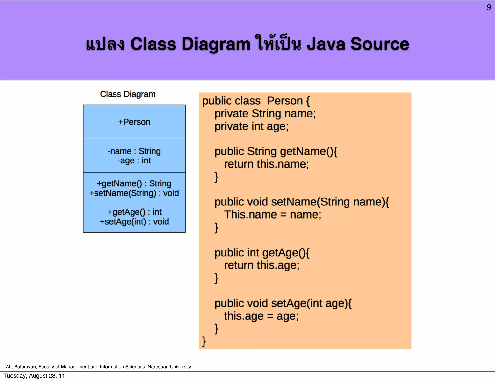9



                                   แปลง Class Diagram ให้เป็น Java Source




Atit Patumvan, Faculty of Management and Information Sciences, Naresuan University
Tuesday, August 23, 11
 
