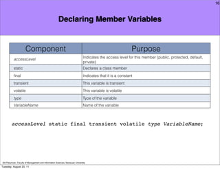 16



                                                       Declaring Member Variables


                      Component                                                                              Purpose
                                                                               Indicates the access level for this member (public, protected, default,
           accessLevel
                                                                               private)
           static                                                              Declares a class member
           ﬁnal                                                                Indicates that it is a constant
           transient                                                           This variable is transient
           volatile                                                            This variable is volatile
           type                                                                Type of the variable
           VariableName                                                        Name of the variable



        accessLevel static final transient volatile type VariableName;




Atit Patumvan, Faculty of Management and Information Sciences, Naresuan University
Tuesday, August 23, 11
 