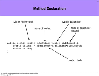 22



                                                                       Method Declaration


                        Type of return value                                              Type of parameter

                                                                         name of method           name of parameter
                                                                                                  variable




             public static double cubeVolume(double sideLength){
                 double volume = sideLength*sideLength*sideLength;
                 return volume;
             }


                                                                                                method body




Atit Patumvan, Faculty of Management and Information Sciences, Naresuan University
Tuesday, August 23, 11
 