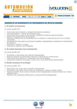 IMPRIMIR

ÍNDICE

ZOOM

ZOOM

PRUEBAS ALTERNADOR - PEM

DIAGNOSIS DE LOS INCONVENIENTES DE FUNCIONAMIENTO DEL MOTOR DE ARRANQUE
1. El motor no funciona
La causa puede ser:
-

Terminales de la batería y respectivos bornes oxidados.
Terminal batería - motor de arranque flojo.
Terminales de la junta de derivación instalación eléctrica desconectados.
Batería completamente descargada.
Falta de contacto de las escobillas con el colector o cortocircuito de una o ambas
escobillas.
Contactos del interruptor de arranque oxidados, desgastados o aislados por interposición
de detritos.
Inducido o inductor a masa.
Inducido o colector centrifugados.

2. El motor funciona muy lentamente
La causa puede ser:
-

Escobillas y bayonetas del colector desgastadas.
Algunas espiras del devanado inductor o inducido en cortocircuito.
Terminales de la batería y respectivos bornes oxidados.
Carga de la batería muy baja, o bien uno o más elementos deteriorados.

3. Ruido excesivo al arranque
La causa puede, ser:
-

Mecanismo de rueda libre del piñón desgastado.
Alineación incorrecta entre motor de arranque y corona volante motor.
Algunos dientes de la corona volante motor desgastados excesivamente en el lado
acoplamiento.
Reductor de velocidad defectuoso o excesivamente desgastado.

51

 
