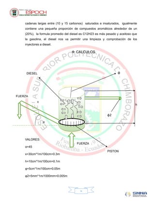 cadenas largas entre (10 y 15 carbonos) saturados e insaturados, igualmente
    contiene una pequeña proporción de compuestos aromáticos alrededor de un
    (20%), la formula promedio del diesel es C12H23 es más pesado y aceitoso que
    la gasolina, el diesel nos va permitir una limpieza y comprobación de los
    inyectores a diesel.

                                    CALCULOS




     DIESEL                                                       φ




FUERZA
             X
                                                                              h


                                                           φ2
                 α




    VALORES:
                                       FUERZA
    α=45
                                                           PISTON
    x=30cm*1m/100cm=0.3m

    h=10cm*1m/100cm=0.1m

    φ=5cm*1m/100cm=0.05m

    φ2=5mm*1m/1000mm=0.005m



                                         ix
 