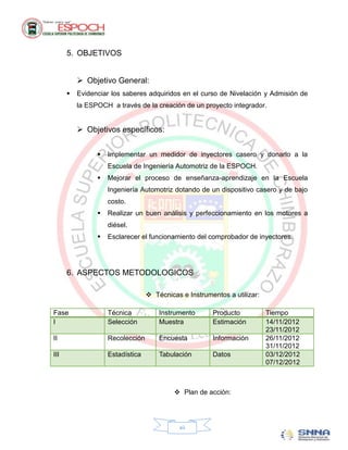 5. OBJETIVOS


           Objetivo General:
         Evidenciar los saberes adquiridos en el curso de Nivelación y Admisión de
          la ESPOCH a través de la creación de un proyecto integrador.


           Objetivos específicos:


                   Implementar un medidor de inyectores casero y donarlo a la
                    Escuela de Ingeniería Automotriz de la ESPOCH.
                   Mejorar el proceso de enseñanza-aprendizaje en la Escuela
                    Ingeniería Automotriz dotando de un dispositivo casero y de bajo
                    costo.
                   Realizar un buen análisis y perfeccionamiento en los motores a
                    diésel.
                   Esclarecer el funcionamiento del comprobador de inyectores.




      6. ASPECTOS METODOLOGICOS

                                   Técnicas e Instrumentos a utilizar:

Fase                Técnica           Instrumento      Producto           Tiempo
I                   Selección         Muestra          Estimación         14/11/2012
                                                                          23/11/2012
II                  Recolección       Encuesta         Información        26/11/2012
                                                                          31/11/2012
III                 Estadística       Tabulación       Datos              03/12/2012
                                                                          07/12/2012



                                            Plan de acción:




                                             xii
 