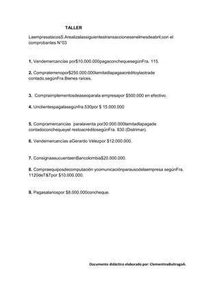 TALLER

LaempresatacosS.Arealizalassiguientestransaccionesenelmesdeabril,con el
comprobantes N°03



1. Vendemercancías por$10.000.000pagaconchequesegúnFra. 115.

2. Compraterrenopor$250.000.000lamitadlapagaacréditoylaotrade
contado,segúnFra.Bienes raíces.


3. Compraimplementosdeaseoparala empresapor $500.000 en efectivo.

4. Unclientespagalasegúnfra.530por $ 15.000.000


5. Compramercancías paralaventa por30.000.000lamitadlapagade
contadoconchequeyel restoacréditosegúnFra. 830 (Distrimar).

6. Vendemercancías aGerardo Vélezpor $12.000.000.


7. ConsignaasucuentaenBancolombia$20.000.000.

8. Compraequiposdecomputación ycomunicaciónparausodelaempresa segúnFra.
1120deT&Tpor $10.000.000.



9. Pagasalariospor $8.000.000concheque.




                             Documento didáctico elaborado por: ClementinaBuitragoA.
 