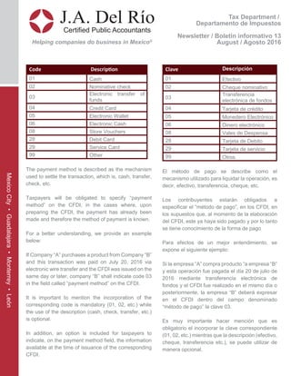 Tax Department /
Departamento de Impuestos
Newsletter / Boletín informativo 13
August / Agosto 2016
J.A. Del Río
Certified Public Accountants
Helping companies do business in Mexico®
MexicoCity•Guadalajara•Monterrey•León
Code Description
01 Cash
02 Nominative check
03
Electronic transfer of
funds
04 Credit Card
05 Electronic Wallet
06 Electronic Cash
08 Store Vouchers
28 Debit Card
29 Service Card
99 Other
The payment method is described as the mechanism
used to settle the transaction, which is, cash, transfer,
check, etc.
Taxpayers will be obligated to specify “payment
method” on the CFDI, in the cases where, upon
preparing the CFDI, the payment has already been
made and therefore the method of payment is known.
For a better understanding, we provide an example
below:
If Company “A” purchases a product from Company “B”
and this transaction was paid on July 20, 2016 via
electronic wire transfer and the CFDI was issued on the
same day or later, company “B” shall indicate code 03
in the field called “payment method” on the CFDI.
It is important to mention the incorporation of the
corresponding code is mandatory (01, 02, etc.) while
the use of the description (cash, check, transfer, etc.)
is optional.
In addition, an option is included for taxpayers to
indicate, on the payment method field, the information
available at the time of issuance of the corresponding
CFDI.
Clave Descripción
01 Efectivo
02 Cheque nominativo
03
Transferencia
electrónica de fondos
04 Tarjeta de crédito
05 Monedero Electrónico
06 Dinero electrónico
08 Vales de Despensa
28 Tarjeta de Debito
29 Tarjeta de servicio
99 Otros
El método de pago se describe como el
mecanismo utilizado para liquidar la operación, es
decir, efectivo, transferencia, cheque, etc.
Los contribuyentes estarán obligados a
especificar el “método de pago”, en los CFDI, en
los supuestos que, al momento de la elaboración
del CFDI, este ya haya sido pagado y por lo tanto
se tiene conocimiento de la forma de pago
Para efectos de un mejor entendimiento, se
expone el siguiente ejemplo:
Si la empresa “A” compra producto “a empresa “B”
y esta operación fue pagada el día 20 de julio de
2016 mediante transferencia electrónica de
fondos y el CFDI fue realizado en el mismo día o
posteriormente, la empresa “B” deberá expresar
en el CFDI dentro del campo denominado
“método de pago” la clave 03.
Es muy importante hacer mención que es
obligatorio el incorporar la clave correspondiente
(01, 02, etc.) mientras que la descripción (efectivo,
cheque, transferencia etc.), se puede utilizar de
manera opcional.
 