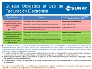 Sujetos Obligados al Uso de
Facturación Electrónica
Contribuyentes Situación Resolución de Superintendencia N° 203-
2015/SUNAT (04.08.2015)
Los que tengan calidad de
Principales Contribuyentes
Nacionales (IPCN) al
31.07.2015
(d) – 520 EE.
Posibilidad de emitir documentos impresos Hasta el 14.07.2016 + 6 meses
Obligación de enviar el Resumen de Comprobantes impresos A partir del 15.07.2016
Obligación de enviar el Resumen de Comprobantes impresos
para emisores electrónicos itinerantes
A partir del 15.07.2016
Los que tengan calidad de
Principales Contribuyentes
de las Intendencias
Regionales y las Oficinas
Zonales al 31.07.2015
(e) – 2,807 EE.
Posibilidad de emitir documentos impresos Hasta el 30.11.2016 + 6 meses
Obligación de enviar el Resumen de Comprobantes impresos A partir del 01.12.2016
Obligación de enviar el Resumen de Comprobantes impresos
para emisores electrónicos itinerantes
A partir del 01.12.2016
 De acuerdo al artículo 4°-A de la Resolución de Superintendencia N° 300-2014/SUNAT, incorporado por la Resolución de
Superintendencia N° 198-2015/SUNAT, solo para los contribuyentes que hayan optado o se encuentran obligados a SEE del
Contribuyente, se le otorgará un plazo de 06 meses adicionales para continuar emitiendo comprobantes de pago físicos o tickets
emitidos por maquinas registradoras, siempre que:
1. La implementación del SEE, se encuentre supeditada a la implementación y/o adecuación de sistemas informáticos de gestión
comercial que solo puede culminarse en fecha posterior a la de asignación de la calidad de emisor electrónico.
2. Tratándose de entidades públicas, considerando la aplicación de las normas de contrataciones del Estado, no se podrá contar
con proveedor de servicios electrónicos.
3. Con anterioridad a la fecha de asignación de la calidad de emisor electrónico, se hubiera iniciado un proceso de reorganización
de sociedades.
Para 1 y 3, la condición debe ser acreditada, en fecha previa a aquella señalada en la resolución de superintendencia
respectiva como fecha de asignación de la calidad de emisor electrónico.
 