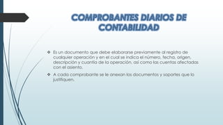  Es un documento que debe elaborarse previamente al registro de
cualquier operación y en el cual se indica el número, fecha, origen,
descripción y cuantía de la operación, así como las cuentas afectadas
con el asiento.
 A cada comprobante se le anexan los documentos y soportes que lo
justifiquen.
 
