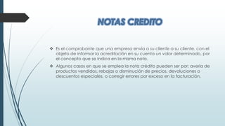  Es el comprobante que una empresa envía a su cliente a su cliente, con el
objeto de informar la acreditación en su cuenta un valor determinado, por
el concepto que se indica en la misma nota.
 Algunos casos en que se emplea la nota crédito pueden ser por: avería de
productos vendidos, rebajas o disminución de precios, devoluciones o
descuentos especiales, o corregir errores por exceso en la facturación.
 