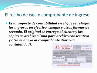 El recibo de caja o comprobante de ingreso
 Es un soporte de contabilidad en el que se reflejan
los ingresos en efectivo, cheque y otras formas de
recaudo. El original se entrega al cliente y las
copias se archivan (una para archivo consecutivo
y otra se anexa al comprobante diario de
contabilidad).
 
