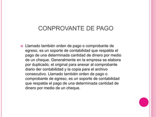 CONPROVANTE DE PAGO
 Llamado también orden de pago o comprobante de
egreso, es un soporte de contabilidad que respalda el
pago de una determinada cantidad de dinero por medio
de un cheque. Generalmente en la empresa se elabora
por duplicado, el original para anexar al comprobante
diario der contabilidad y la copia para el archivo
consecutivo. Llamado también orden de pago o
comprobante de egreso, es un soporte de contabilidad
que respalda el pago de una determinada cantidad de
dinero por medio de un cheque.
 