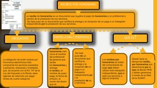 RECIBOS POR HONORARIO
un recibo de honorarios es un documento que registra el pago de honorarios a un profesional a
cambio de la prestación de sus servicios
Se trata pues de un documento que certifica la entrega y la recepción de un pago a un trabajador
independiente por la prestación de sus servicios.
Los recibos por
honorarios se tratan
del comprobante de
pago que deben
utilizar todo trabajador
independiente, que pr
este sus servicios a
alguna empresa
el recibo de
honorarios men
ciona el nombre
del profesional
(la persona que
recibe
los honorarios y
entrega
el recibo), el
nombre de quien
paga, la fecha de
emisión, el
monto del dinero
que se
entrega/recibe
La obligación de emitir recibos por
honorarios electrónicos sólo
comprende los servicios prestados
a personas, empresas y entidades
que, de acuerdo con el Art. 74º de la
Ley del Impuesto a la Renta, sean
agentes de retención por pagar
rentas de cuarta categoría.
QUE ES?
PARTES (CARACTERISTICAS )
OBLIGACION
Desde hace un
tiempo los recibos
por honorarios son
electrónicos por lo
que se llaman RHE
y deben generarse
a través de la Web
de la SUNAT.
Se trata
pues de un
documento que
certifica la
entrega y la
recepción de un
pago a un
trabajador
independiente po
r la
prestación de su
s servicios.
 