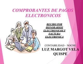 COMPROBANTES DE PAGOS
ELECTRONICOS
RECIBO POR
HONORARIOS
ELECTRONICOS Y
FACTURA
ELECTRONICA
CONTABILIDAD – NOCHE
LUZ MARGOT VELA
QUISPE
 