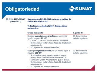 Obligatoriedad
RS 155– 2017/SUNAT
(28.06.2017)
Siempre que al 29.06.2017 no tenga la calidad de
Emisor Electrónico SEE
Todos los años, desde el 2017, designaciones
automáticas
Grupo Designado A partir de
Realicen exportaciones anuales por un monto
igual o mayor a 75 UIT
- Casilla 127 del PDT 621 de enero a diciembre.
- Rectificatorias surtan efecto hasta 30 de abril del
año siguiente.
- UIT vigente del año que se evalúa.
01 de noviembre
del año siguiente.
Obtengan ingresos anuales por un monto igual o
mayor a 150 UIT
- Se considera como ingreso anual el mayor
monto de un cuadro comparativo entre DJ
Mensuales y la DJ Anual del año que se evalua.
- Rectificatorias surtan efecto hasta 30 de abril del
año siguiente
- UIT vigente del año que se evalúa.
01 de noviembre
del año siguiente.
 