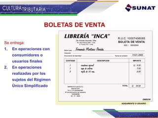 BOLETAS DE VENTA
Se entrega:
1. En operaciones con
consumidores o
usuarios finales
2. En operaciones
realizadas por los
sujetos del Régimen
Único Simplificado
 