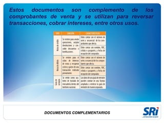 DOCUMENTOS COMPLEMENTARIOS Estos documentos son complemento de los comprobantes de venta y se utilizan para reversar transacciones, cobrar intereses, entre otros usos. 