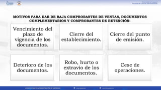 Vencimiento del
plazo de
vigencia de los
documentos.
Cierre del
establecimiento.
Cierre del punto
de emisión.
Deterioro de los
documentos.
Robo, hurto o
extravío de los
documentos.
Cese de
operaciones.
MOTIVOS PARA DAR DE BAJA COMPROBANTES DE VENTAS, DOCUMENTOS
COMPLEMENTARIOS Y COMPROBANTES DE RETENCIÓN:
 