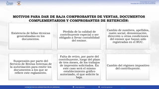 Existencia de fallas técnicas
generalizadas en los
documentos.
Pérdida de la calidad de
contribuyente especial o ser
obligado a llevar contabilidad
del emisor.
Cambio de nombres, apellidos,
razón social, denominación,
dirección u otras condiciones
del emisor que hayan sido
registradas en el RUC.
Suspensión por parte del
Servicio de Rentas Internas de
la autorización para emitir los
documentos a los que se
refiere este reglamento.
Falta de retiro, por parte del
contribuyente, luego del plazo
de tres meses, de los trabajos
de impresión solicitados. En
este caso será el mismo
establecimiento gráfico
autorizado, el que solicite la
baja.
Cambio del régimen impositivo
del contribuyente.
MOTIVOS PARA DAR DE BAJA COMPROBANTES DE VENTAS, DOCUMENTOS
COMPLEMENTARIOS Y COMPROBANTES DE RETENCIÓN:
 