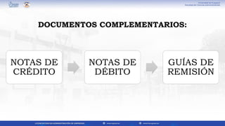 NOTAS DE
CRÉDITO
NOTAS DE
DÉBITO
GUÍAS DE
REMISIÓN
DOCUMENTOS COMPLEMENTARIOS:
 