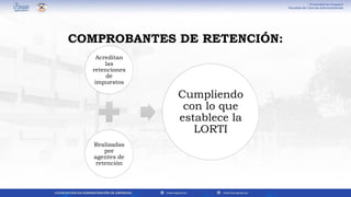 Acreditan
las
retenciones
de
impuestos
Realizadas
por
agentes de
retención
Cumpliendo
con lo que
establece la
LORTI
COMPROBANTES DE RETENCIÓN:
 