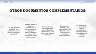 Los documentos
emitidos por
instituciones del
sector financiero
nacional.
Boletos aéreos o
tiquetes
electrónicos y
documentos de
pago por
sobrecargas por
el servicio de
transporte aéreo
de personas.
Guías aéreas o
cartas de porte
aéreo, físicas o
electrónicas y los
conocimientos de
embarque.
Documentos
emitidos por
instituciones del
Estado en la
prestación de
servicios
administrativos.
La declaración
aduanera y
demás
documentos
recibidos en las
operaciones de
comercio
exterior.
OTROS DOCUMENTOS COMPLEMENTARIOS:
 