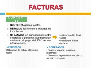  SUSTENTA gastos, costos.
 DETALLA los bienes e importes de
los mismos
 UTILIZADO en transacciones entre
empresas o personas que necesitan
sustentar el pago del IGV en sus
adquisiciones.
CONCEPT
O
utilizar "crédito fiscal “
gasto
costo para efecto
tributario.
VENDEDOR
Obligación de cobrar el importe
fijado
 COMPRADOR
- Pagar el importe exigido o
registrado.
- Demostrar la propiedad del bien o
servicio comprado.
 