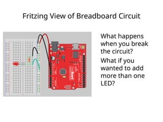 Fritzing View of Breadboard Circuit
What happens
when you break
the circuit?
What if you
wanted to add
more than one
LED?
 