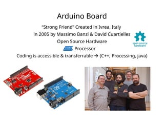 Arduino Board
“Strong Friend” Created in Ivrea, Italy
in 2005 by Massimo Banzi & David Cuartielles
Open Source Hardware
Processor
Coding is accessible & transferrable  (C++, Processing, java)
 