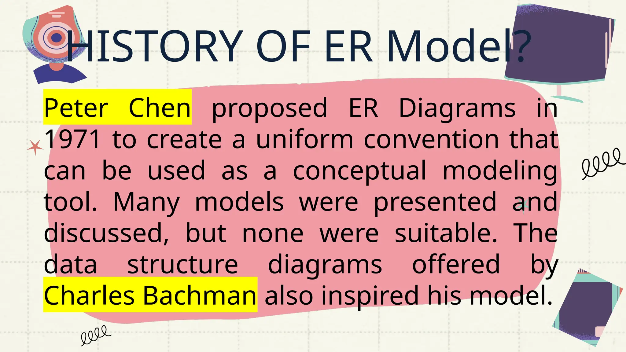HISTORY OF ER Model?
Peter Chen proposed ER Diagrams in
1971 to create a uniform convention that
can be used as a conceptual modeling
tool. Many models were presented and
discussed, but none were suitable. The
data structure diagrams offered by
Charles Bachman also inspired his model.
 