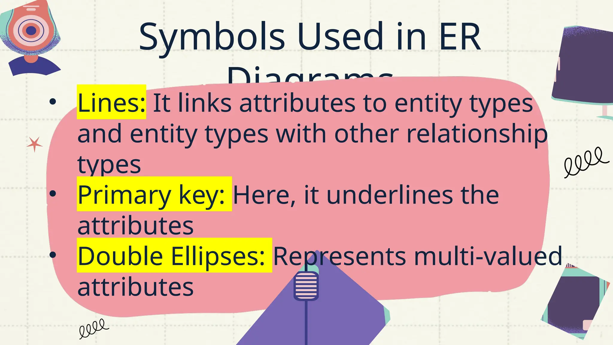 Symbols Used in ER
Diagrams
• Lines: It links attributes to entity types
and entity types with other relationship
types
• Primary key: Here, it underlines the
attributes
• Double Ellipses: Represents multi-valued
attributes
 