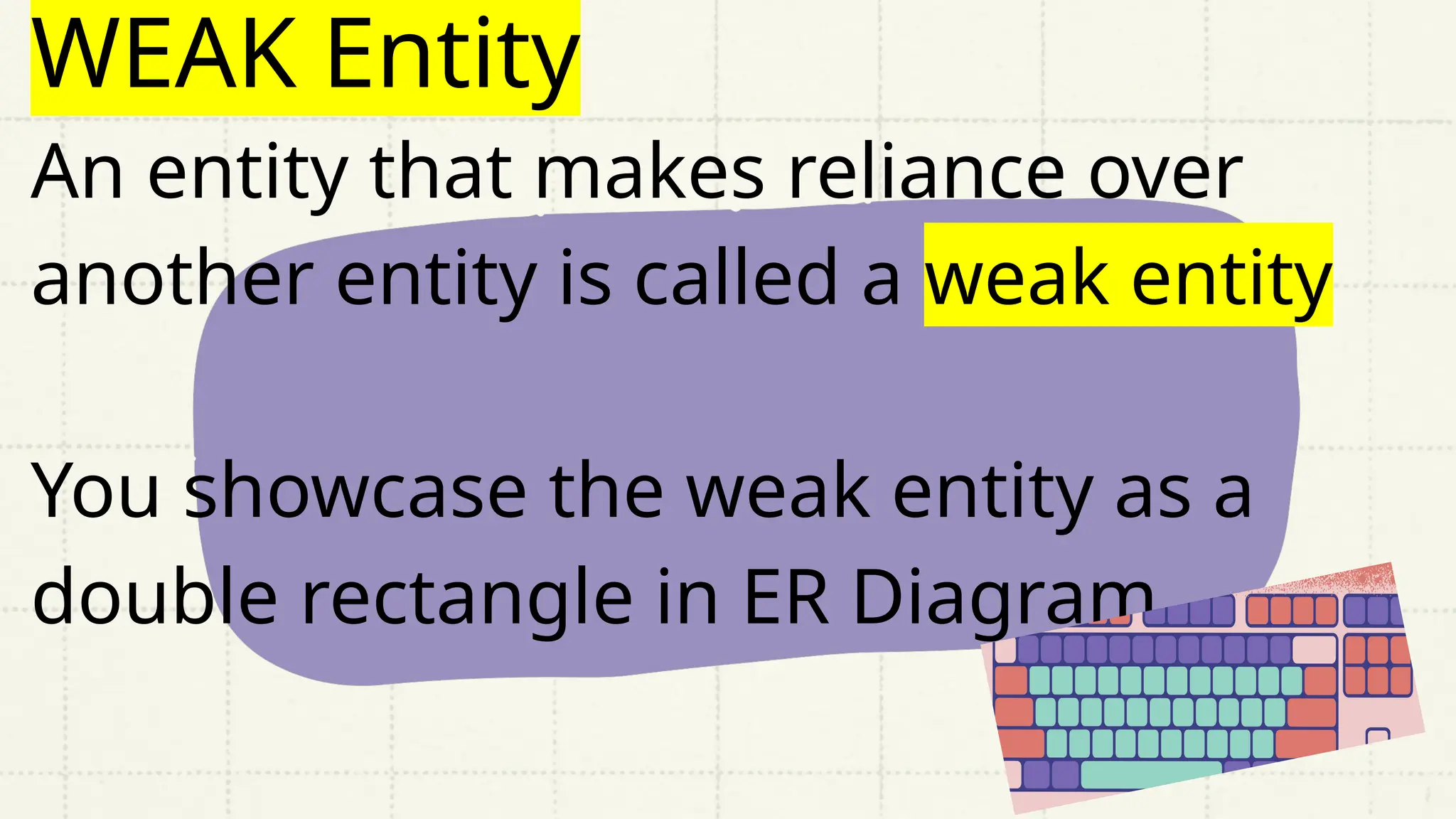 WEAK Entity
An entity that makes reliance over
another entity is called a weak entity
You showcase the weak entity as a
double rectangle in ER Diagram.
 