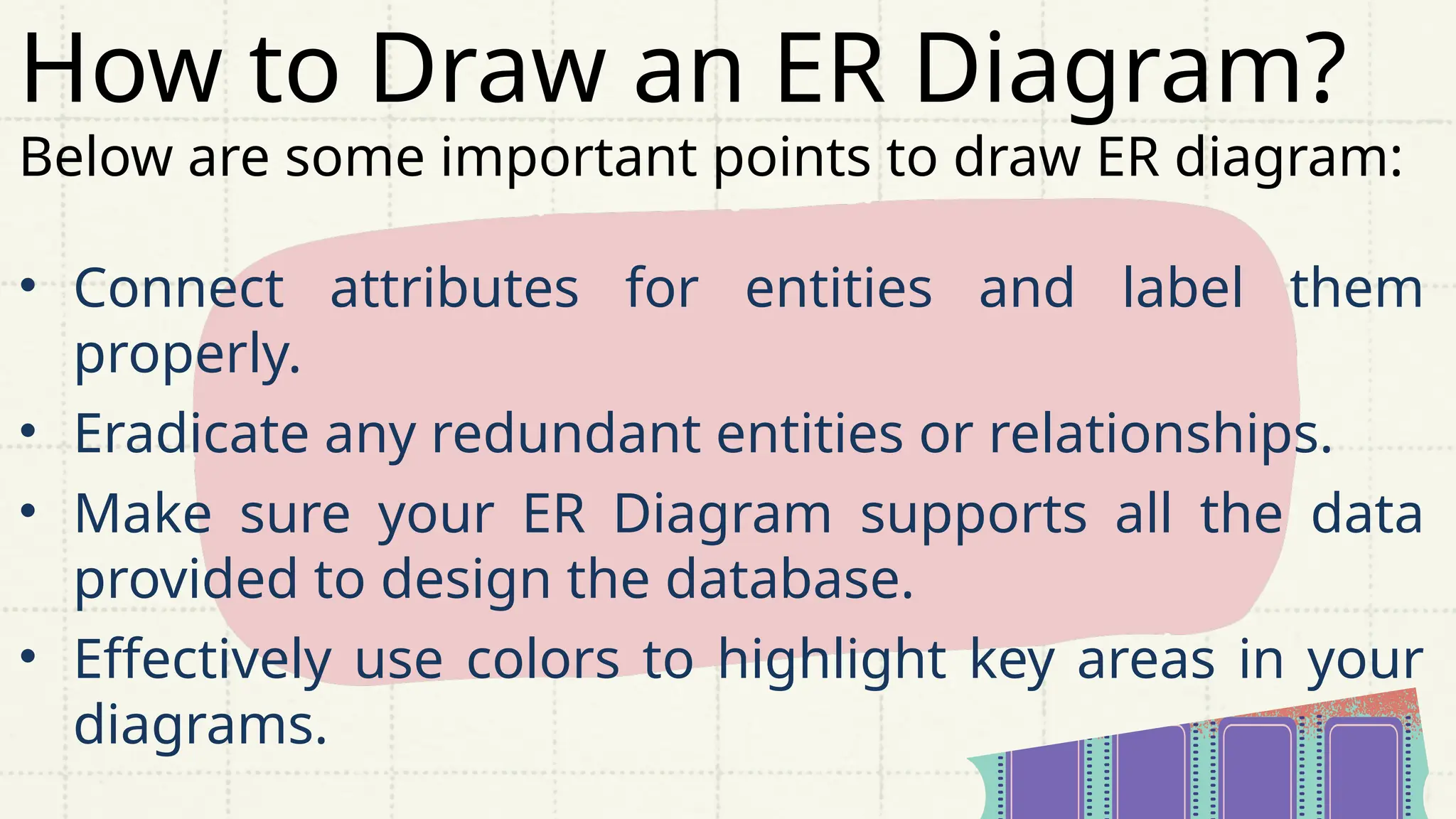 How to Draw an ER Diagram?
Below are some important points to draw ER diagram:
• Connect attributes for entities and label them
properly.
• Eradicate any redundant entities or relationships.
• Make sure your ER Diagram supports all the data
provided to design the database.
• Effectively use colors to highlight key areas in your
diagrams.
 