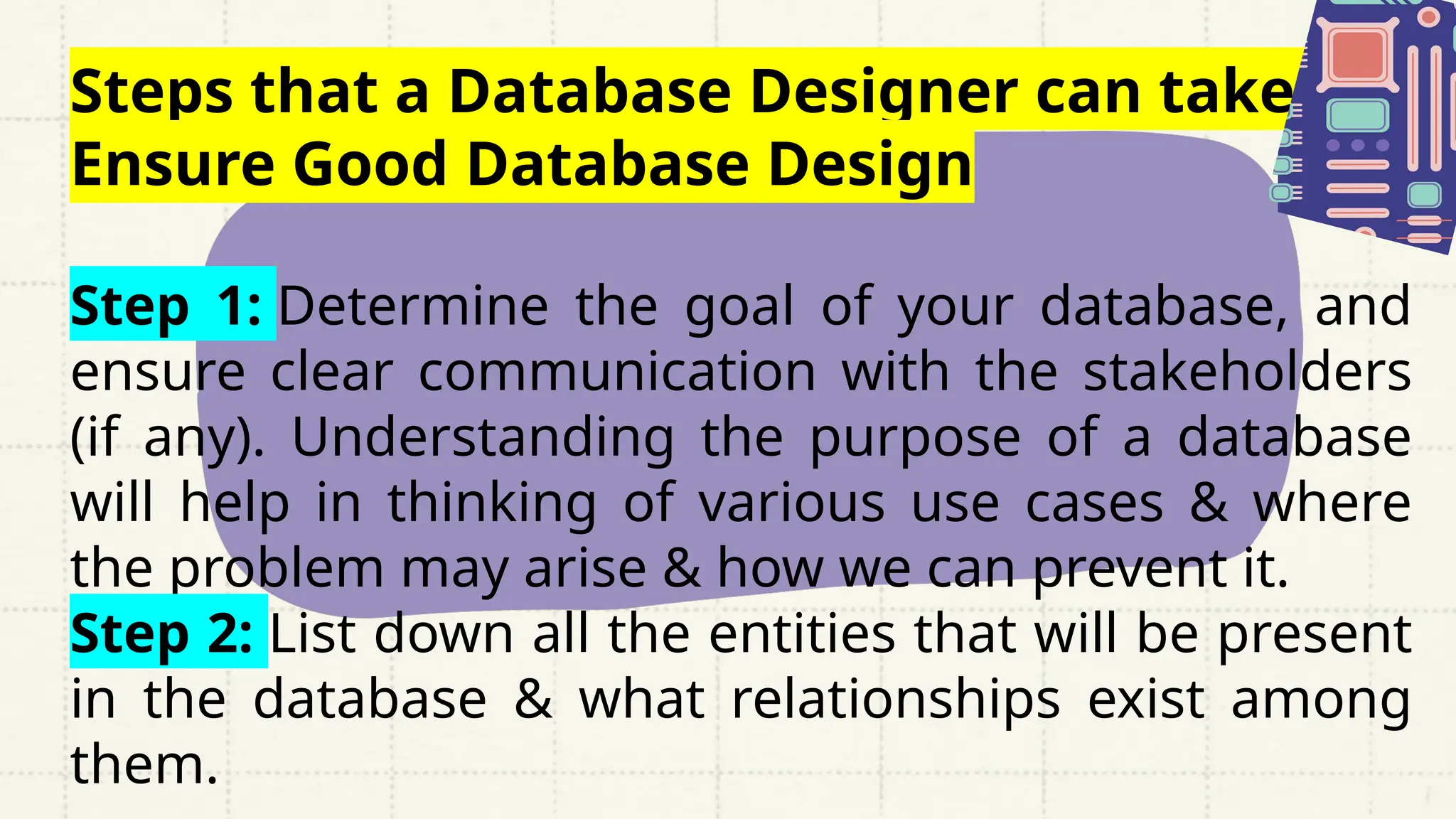 Steps that a Database Designer can take to
Ensure Good Database Design
Step 1: Determine the goal of your database, and
ensure clear communication with the stakeholders
(if any). Understanding the purpose of a database
will help in thinking of various use cases & where
the problem may arise & how we can prevent it.
Step 2: List down all the entities that will be present
in the database & what relationships exist among
them.
 