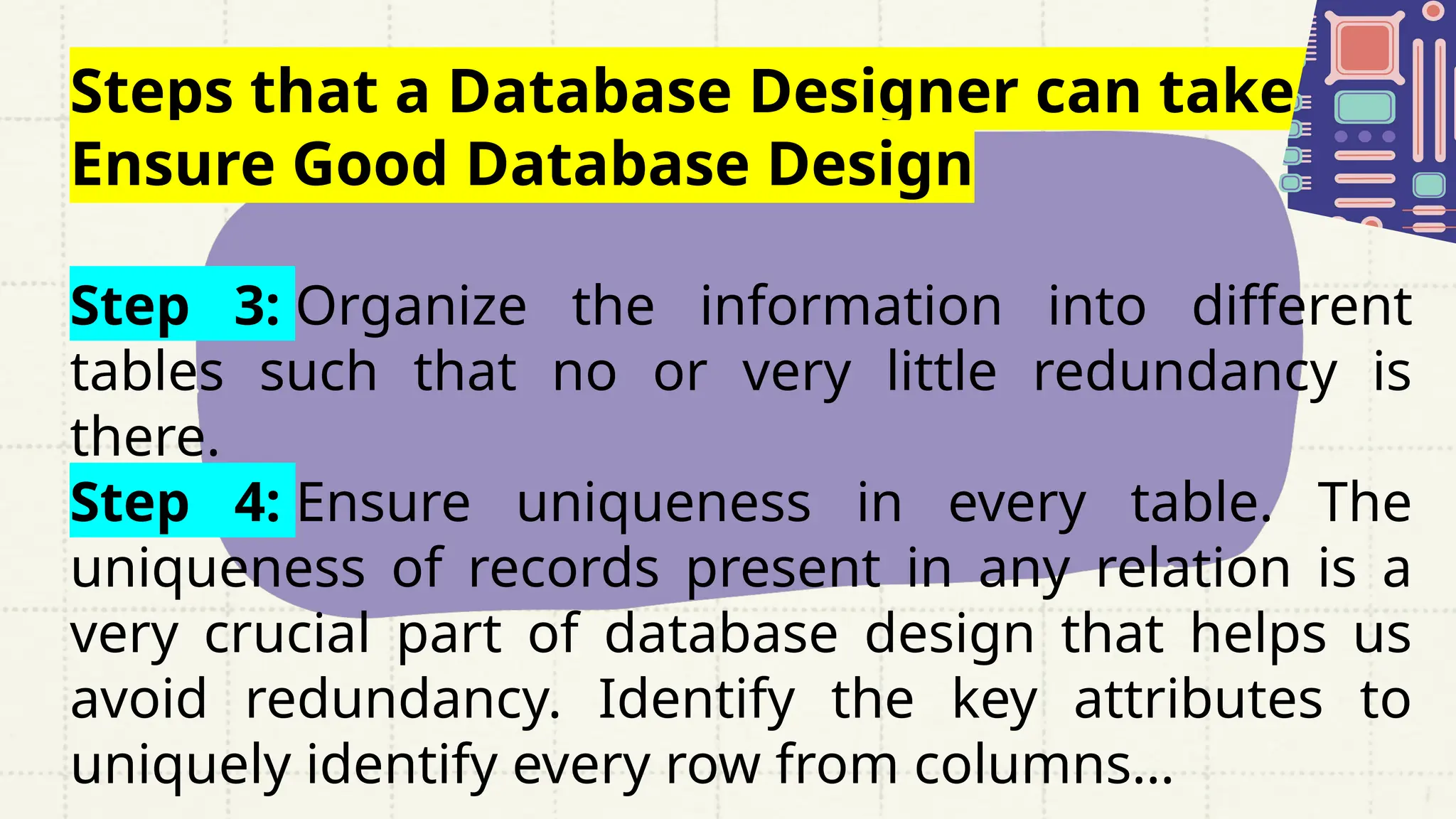 Steps that a Database Designer can take to
Ensure Good Database Design
Step 3: Organize the information into different
tables such that no or very little redundancy is
there.
Step 4: Ensure uniqueness in every table. The
uniqueness of records present in any relation is a
very crucial part of database design that helps us
avoid redundancy. Identify the key attributes to
uniquely identify every row from columns…
 